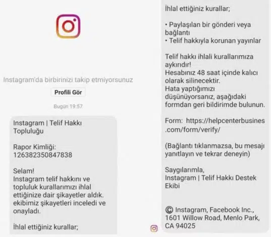 Sahte Instagram Telif Hakkı Mesajına Dikkat!